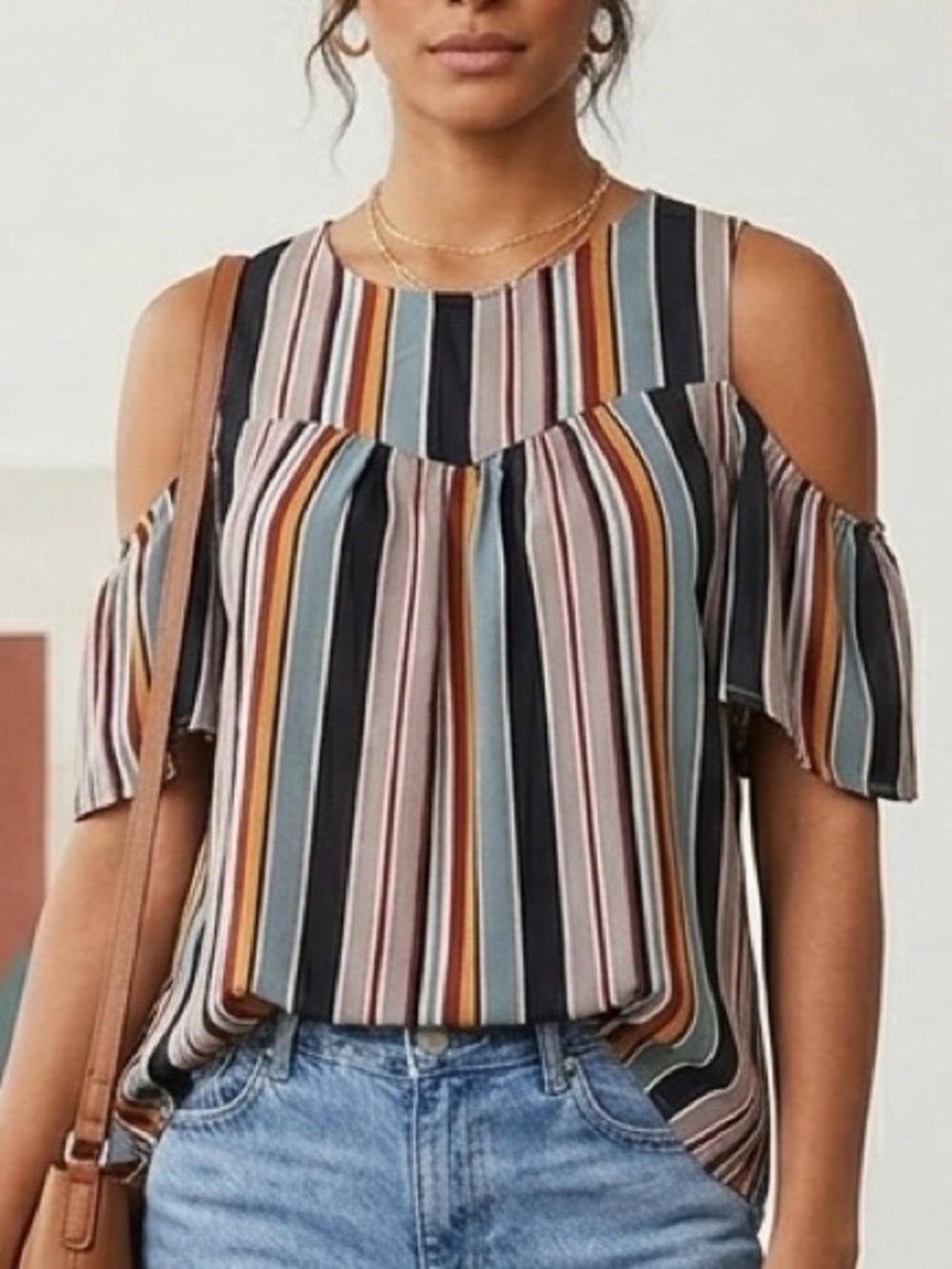 Monteau Cold-Shoulder Striped Blouse